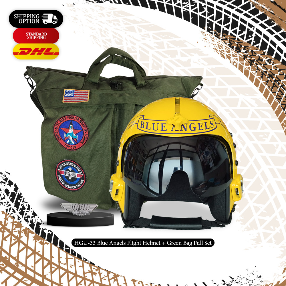 HGU-33 BLUE ANGELS FLIGHT FIGHTER PILOT HELMET MOVIE PROP + GREEN BAG FULL SET