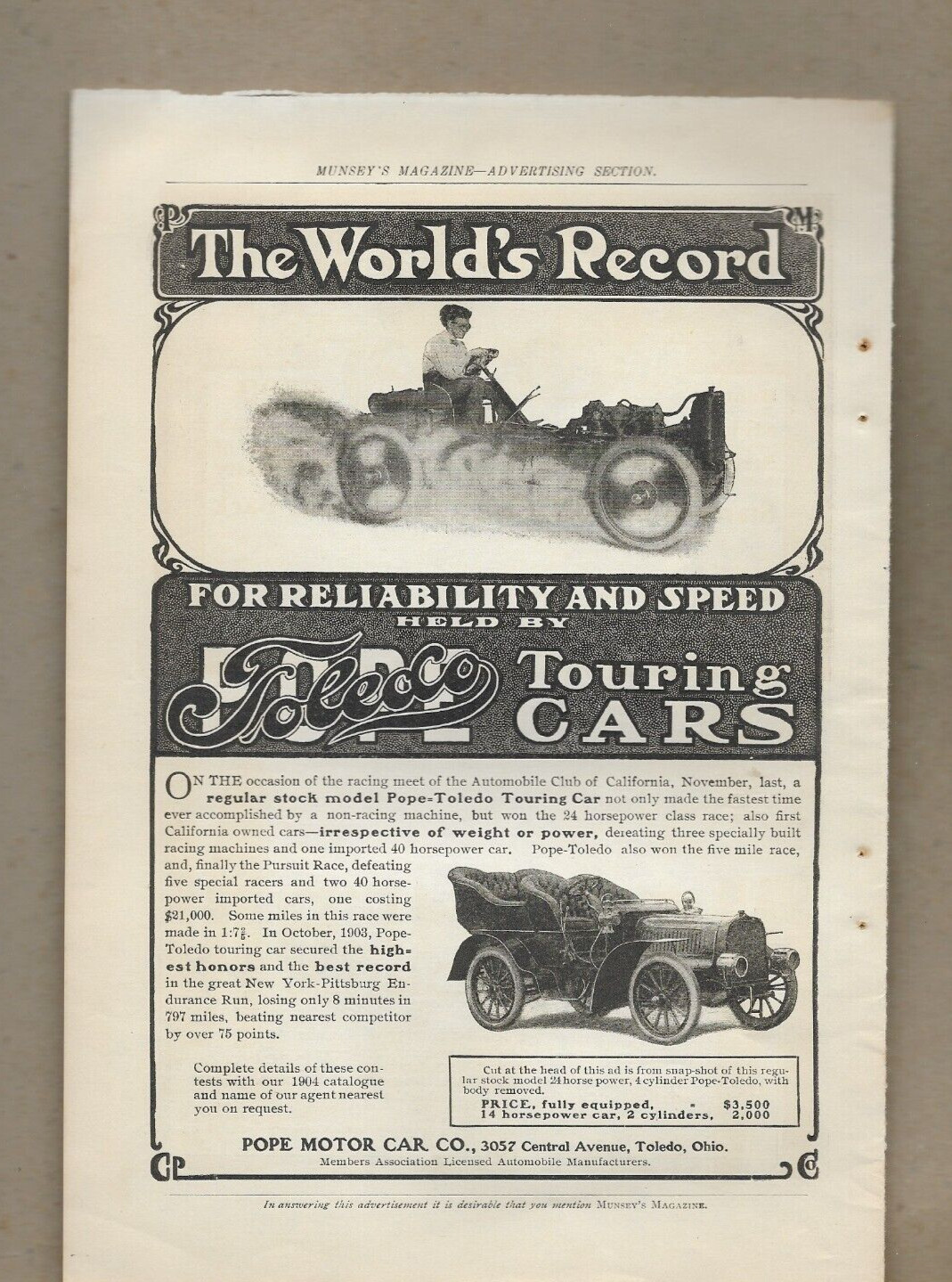 POPE MOTOR CAR CO. TOLEDO TOURING CARS & POPE BICYCLE TWO-SPEED GEAR 5-1904 Ads