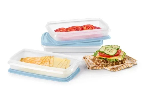 Tupperware Snack Stor Slim Container Set of 3 Light Blue or orange lids New