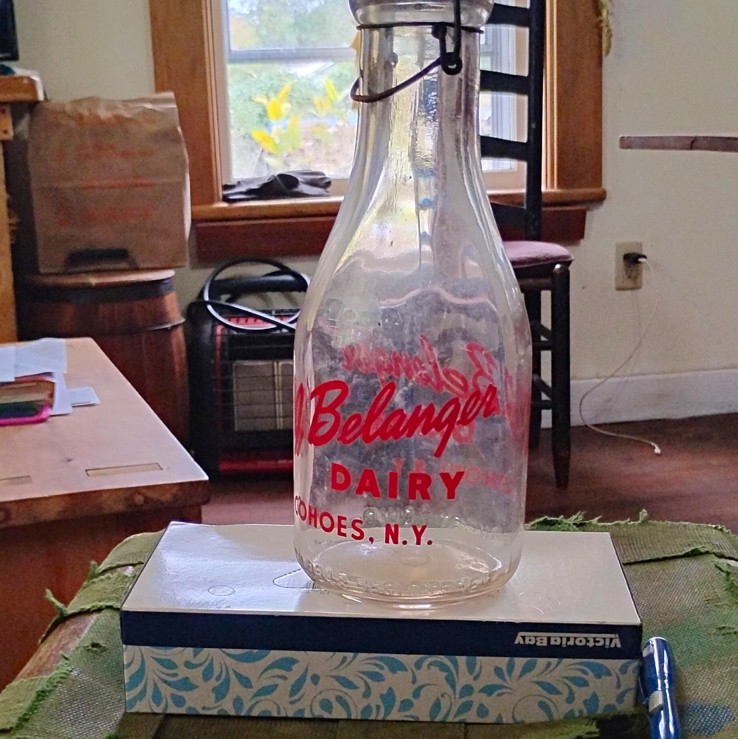 Belanger Dairy Clear Glass Milk Bottle w/ Metal Cap, Red Lettering, NY-Qt?