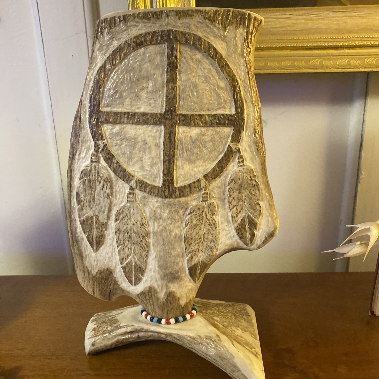 Vintage 1998 Signed \'Trail Walker\' Moose Antler Medicine Wheel Carving