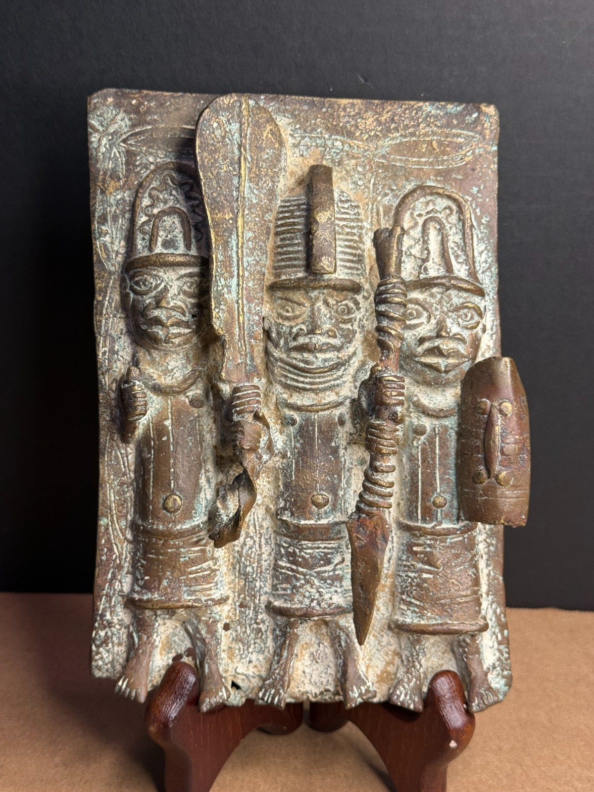 Benin Bronze Plaque 3 Royal Warriors Edo Nigeria African Tribal Art 8\
