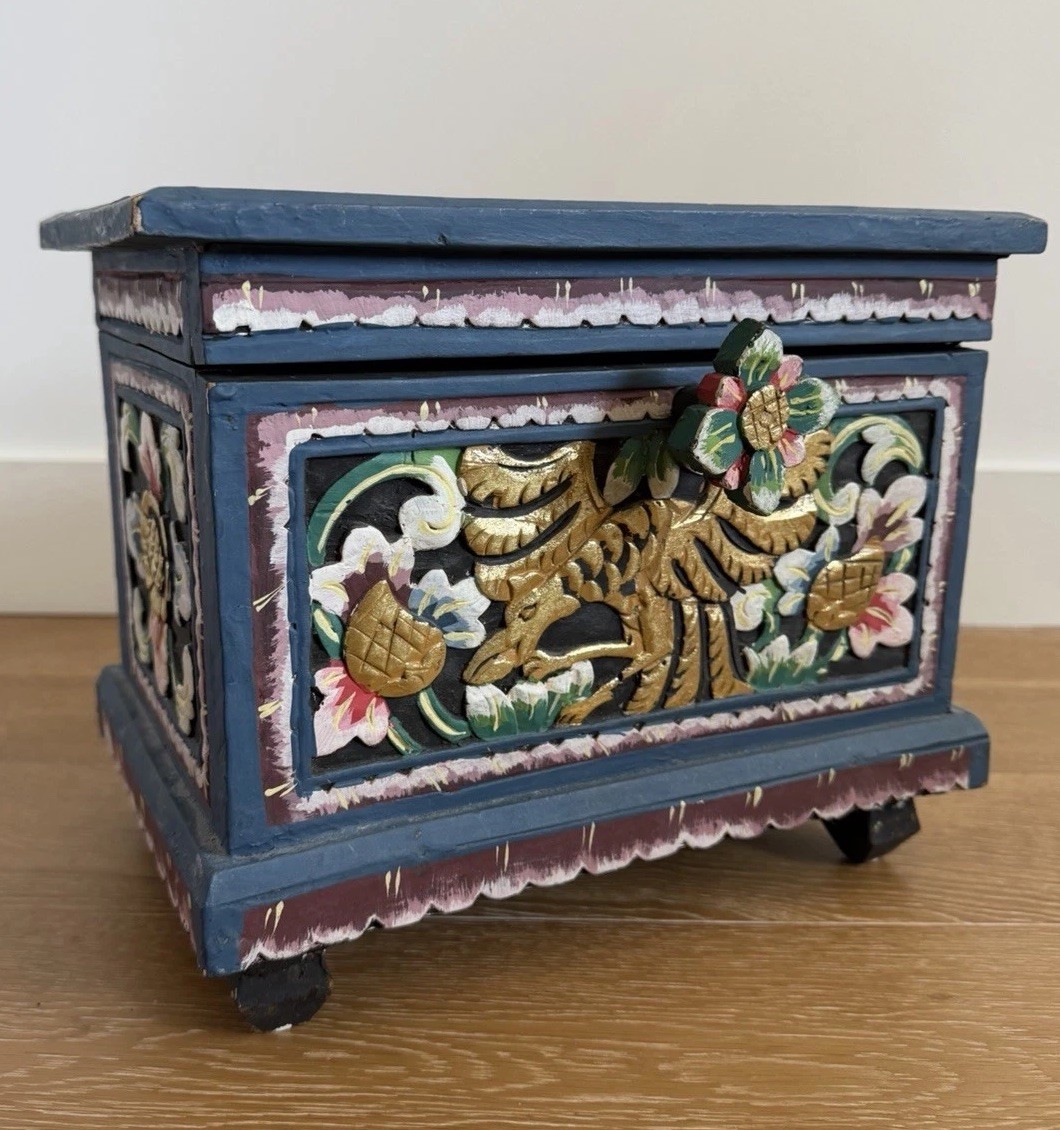 Vintage Wood Carved Box Made In Indonesia Hand Painted Floral Design