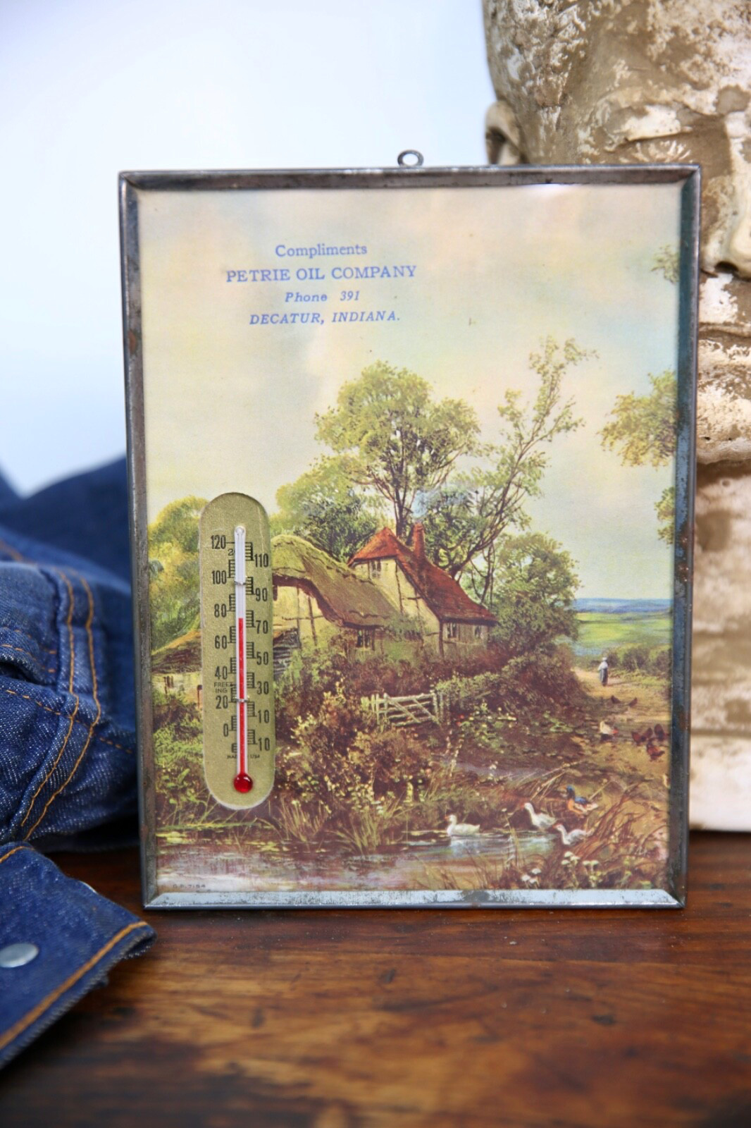 Vintage Petrie Oil Co Glass Thermometer Barn Farm Sign Decatur Indiana picture