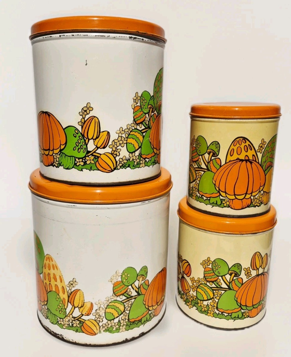 4 RARE VINTAGE 1970’s BALLONOFF METAL MUSHROOM CANISTERS W/ ORANGE LIDS ~ RETRO 