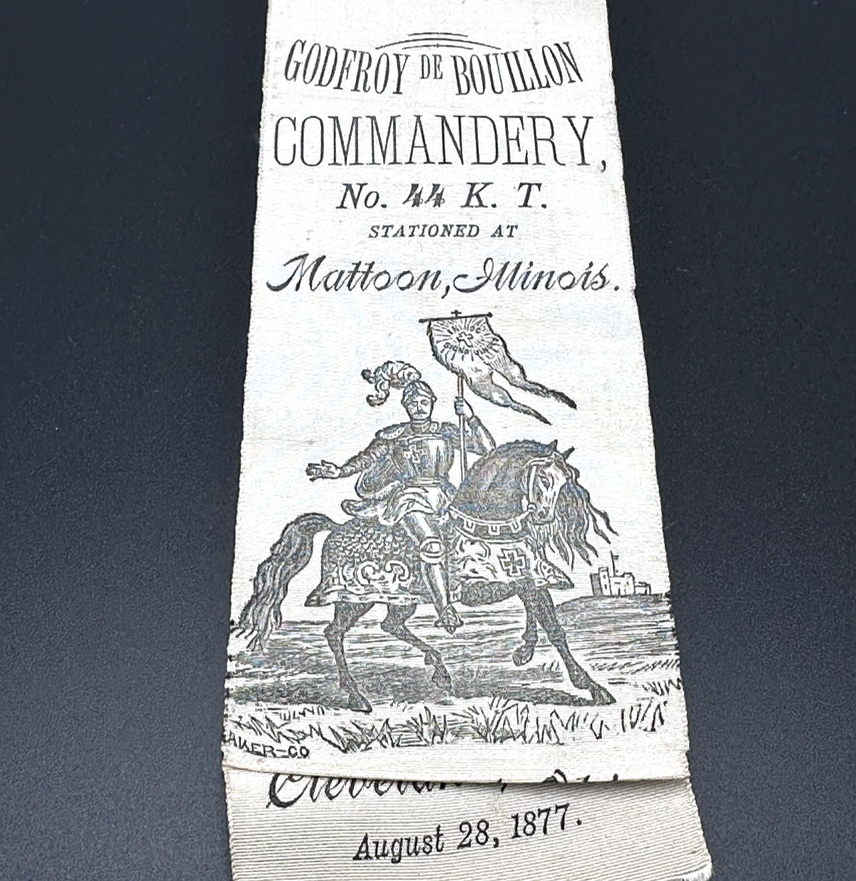 1877 CLEVELAND KNIGHTS TEMPLAR GODFROY DE BOUILLON #44, MATTOON, IL RIBBON L280