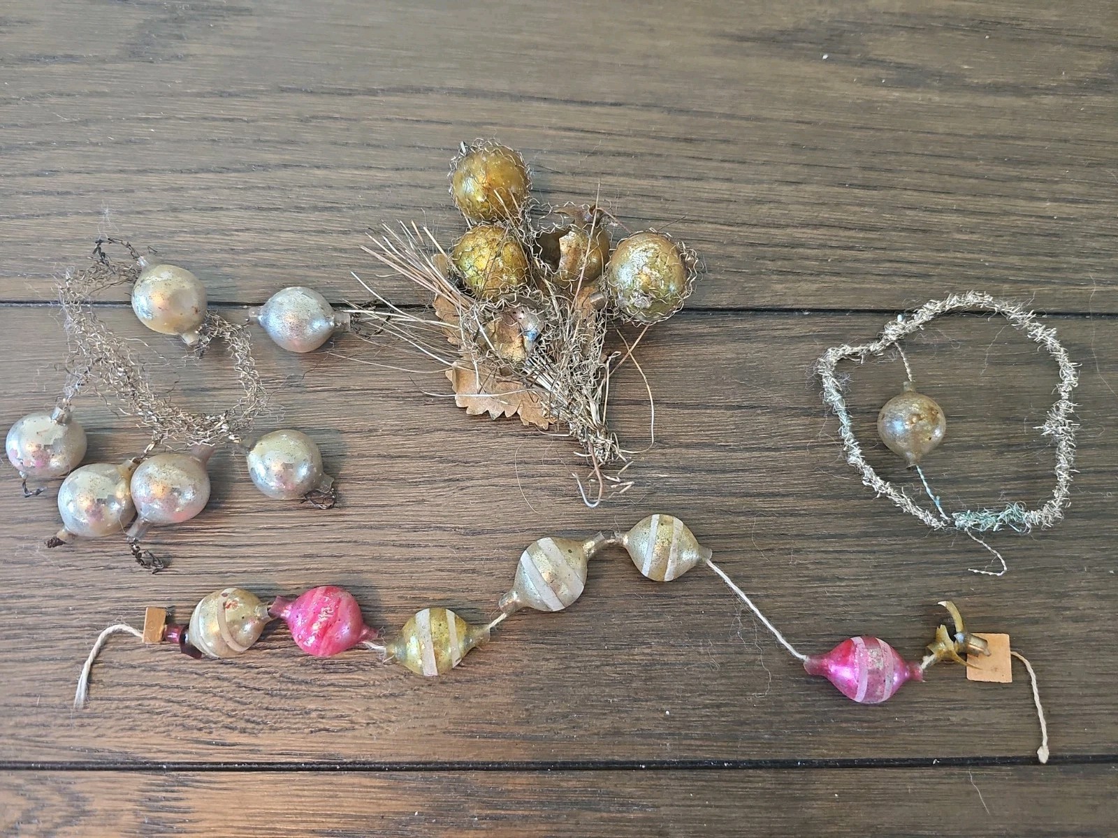 Vtg Mid-Century Mercury Glass Christmas Ornament Tinsel Garland Clusters 4 pc