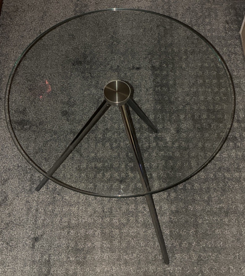 Vintage MCM Tripod Glass Table Chrome Legs 1970's Thick Stoneville Chromcraft