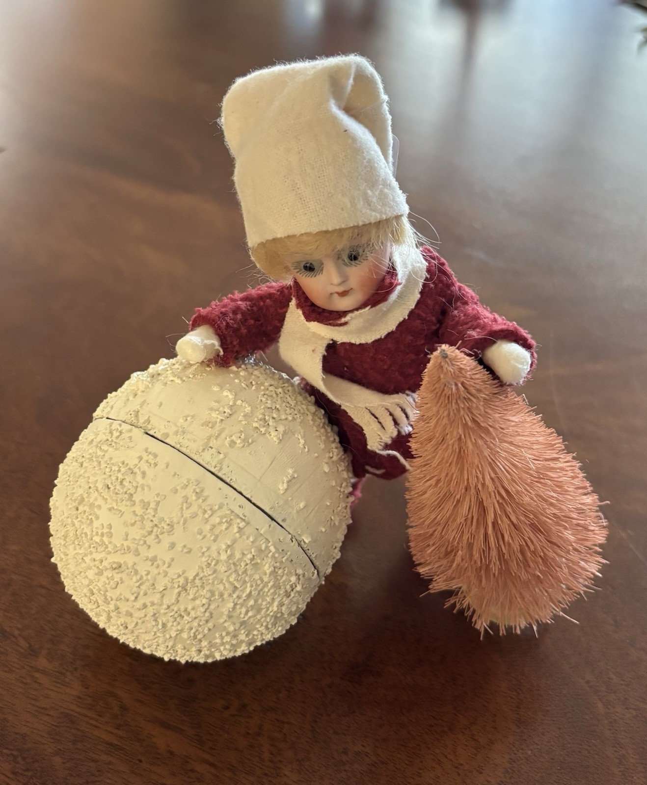 Antique German Bisque Snow Baby Paper Mache Snowball Chistmas Candy Container