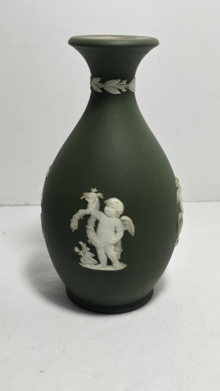 Antique Wedgwood Jasperware Olive Green Bud Vase Greek Relief 5 1/4\