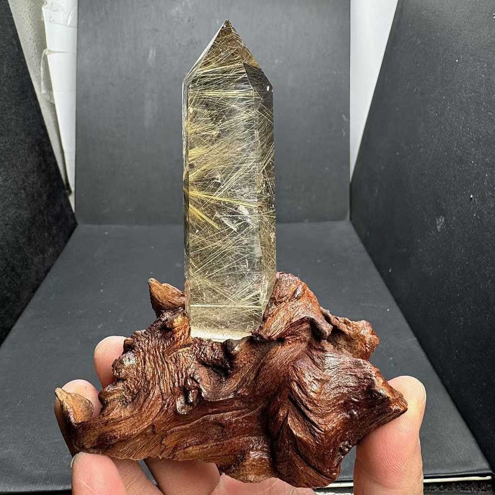 199g Natural Rutilated Quartz Obelisk Crystal Mineral Reiki Decor+ Stand