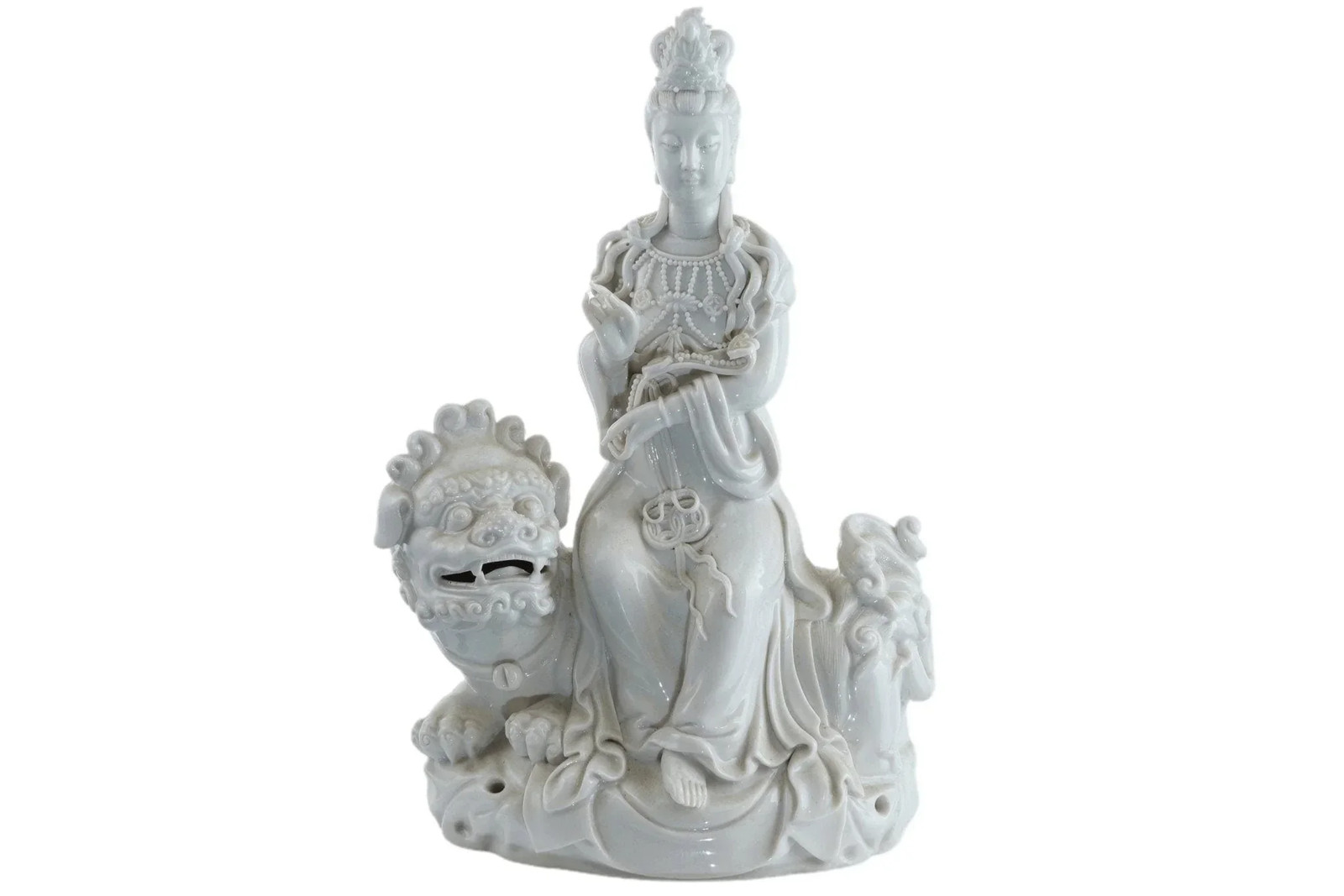 Antique Chinese Blanc de Chine porcelain Guanyin Boddhisattva with Foo Lion