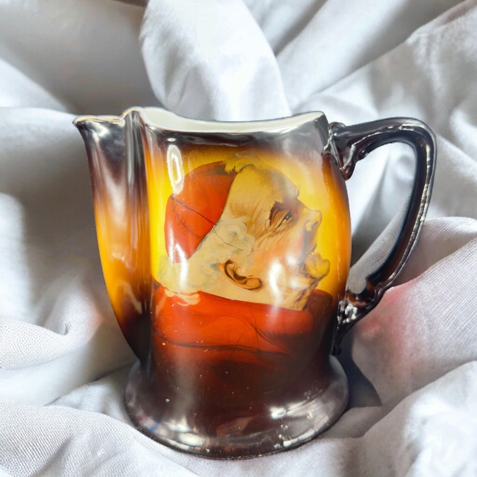Antique Warwick Pitcher Jug Monk Cardinal Hand Painted Pottery Marked W Handle