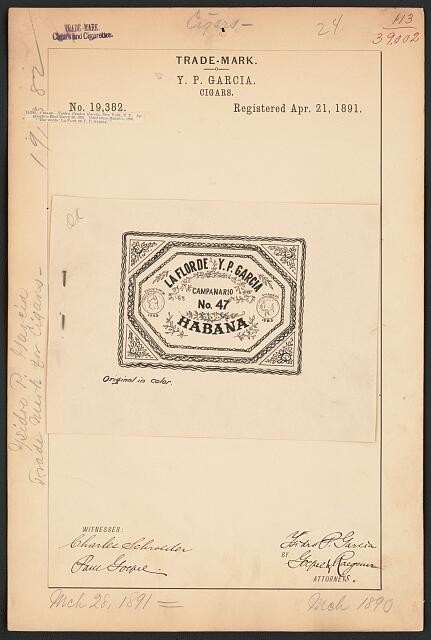 Photo:Y P Garcia La Flor de Y P Garcia Cigars 1891 Trademark Havana Cuba