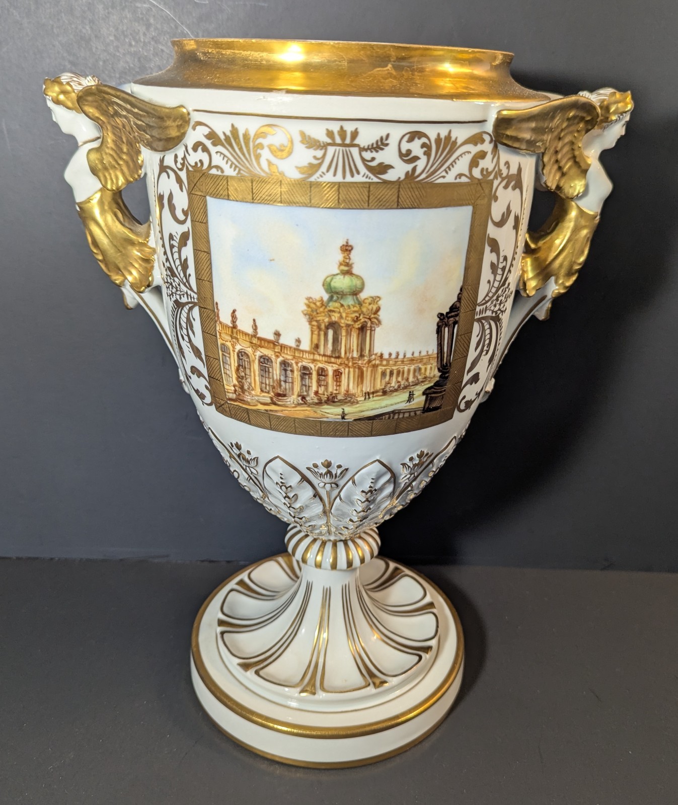 Antique Dresden Porcelain Amphora Handled Vase Gilded Zwinger Palace Painting