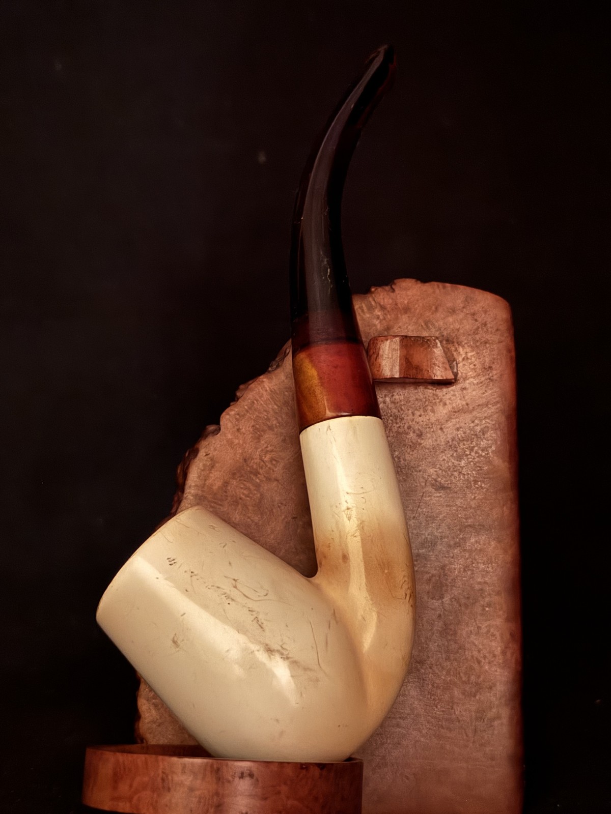 Smooth Bent Brandy Meerschaum Pipe - Red Bakelite Fishtail Stem, 9mm Filter -