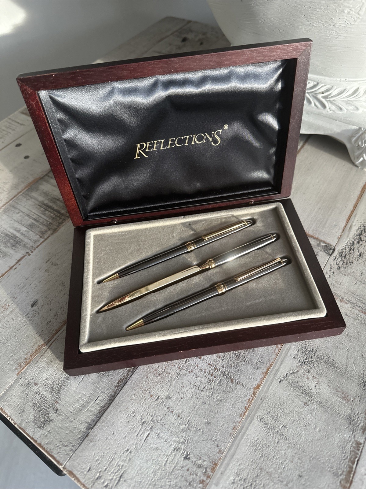 Vintage Reflections Pen Pencil And Letter Opener Set In Wood Box.  