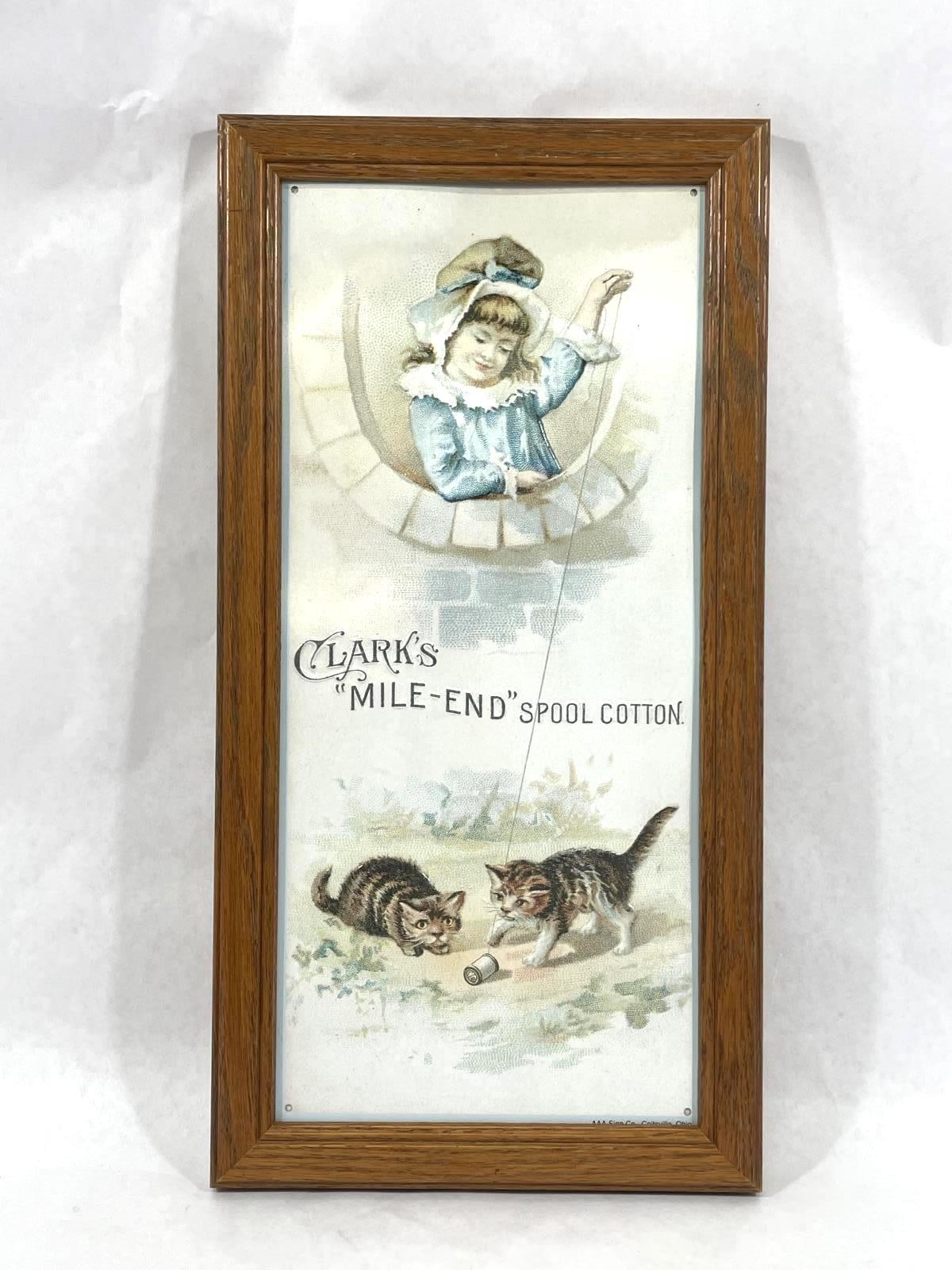 Vintage Clark's Mile-End Spool Cotton Tin Sign Victorian Girl & Kittens Frame