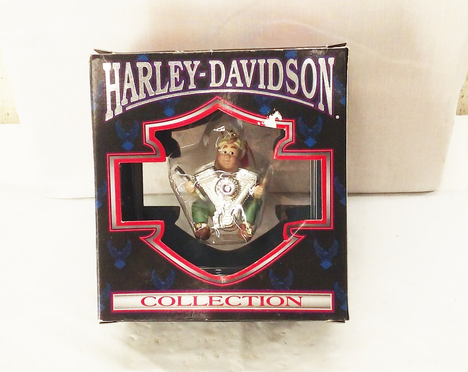 Vtg 1999 Harley Davidson Christmas tree ornament ELF holding V-Twin Engine motor