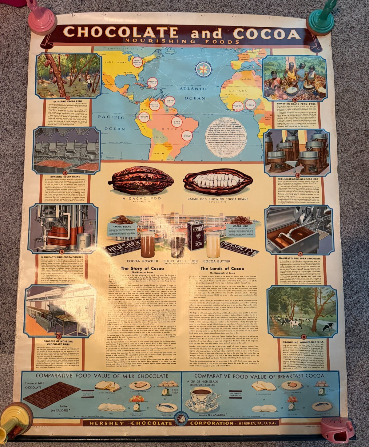 Vintage 1933 HERSHEY CHOCOLATE & COCOA Pull Down Classroom Wall Chart Map Poster