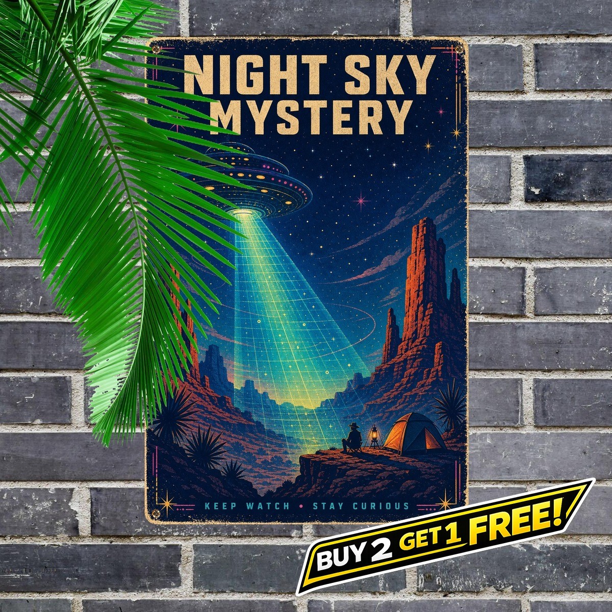 Wilderness Spotlight Silhouette UFO Encounter Metal Tin Sign 8x12