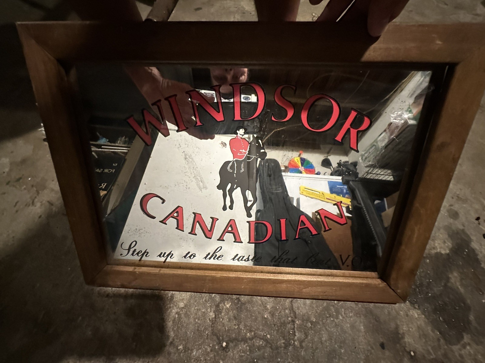 Vintage Windsor Canadian Mirror Sign W/red Lowered Letters and Red Man On Horse