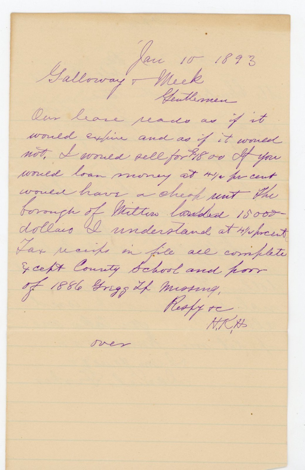 1893 Handwritten Business Letter Galloway & Meek Borough Mitten Property Lease