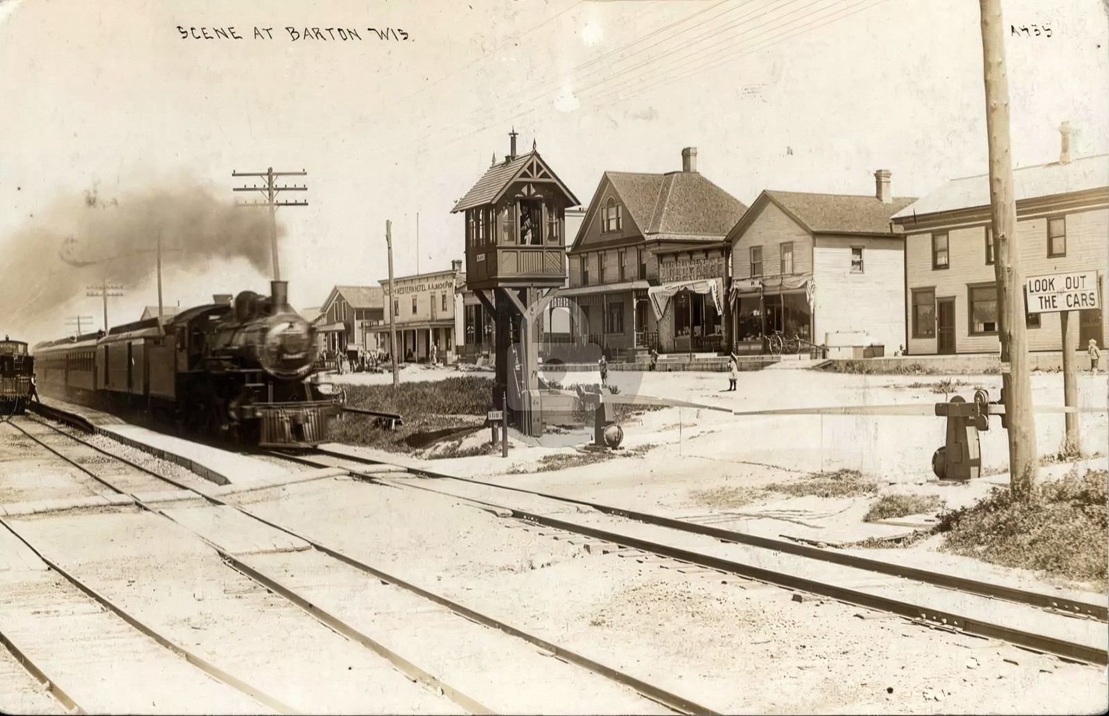 Barton WI Wisconsin Train Engine at Crossing, Stores RPPC Photo Postcard COPY