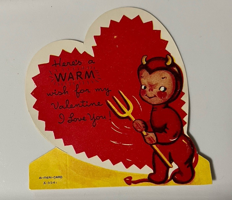 Rare Vtg 1940s Halloween Valentine Card Cute Devil Boy Heart Pitchfork Kitsch
