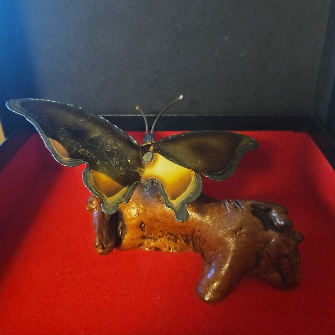Vintage Brass Butterfly Kinetic Sculpture Wind Motion Mobile Burlwood Base
