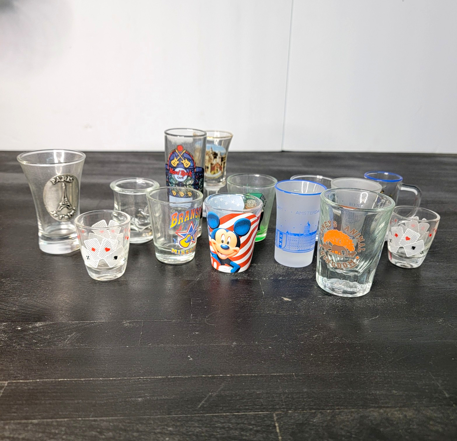 Vintage Souvenir Shot Glass Lot of 12 Hard Rock Cafe Mickey Disney Bacardi Paris