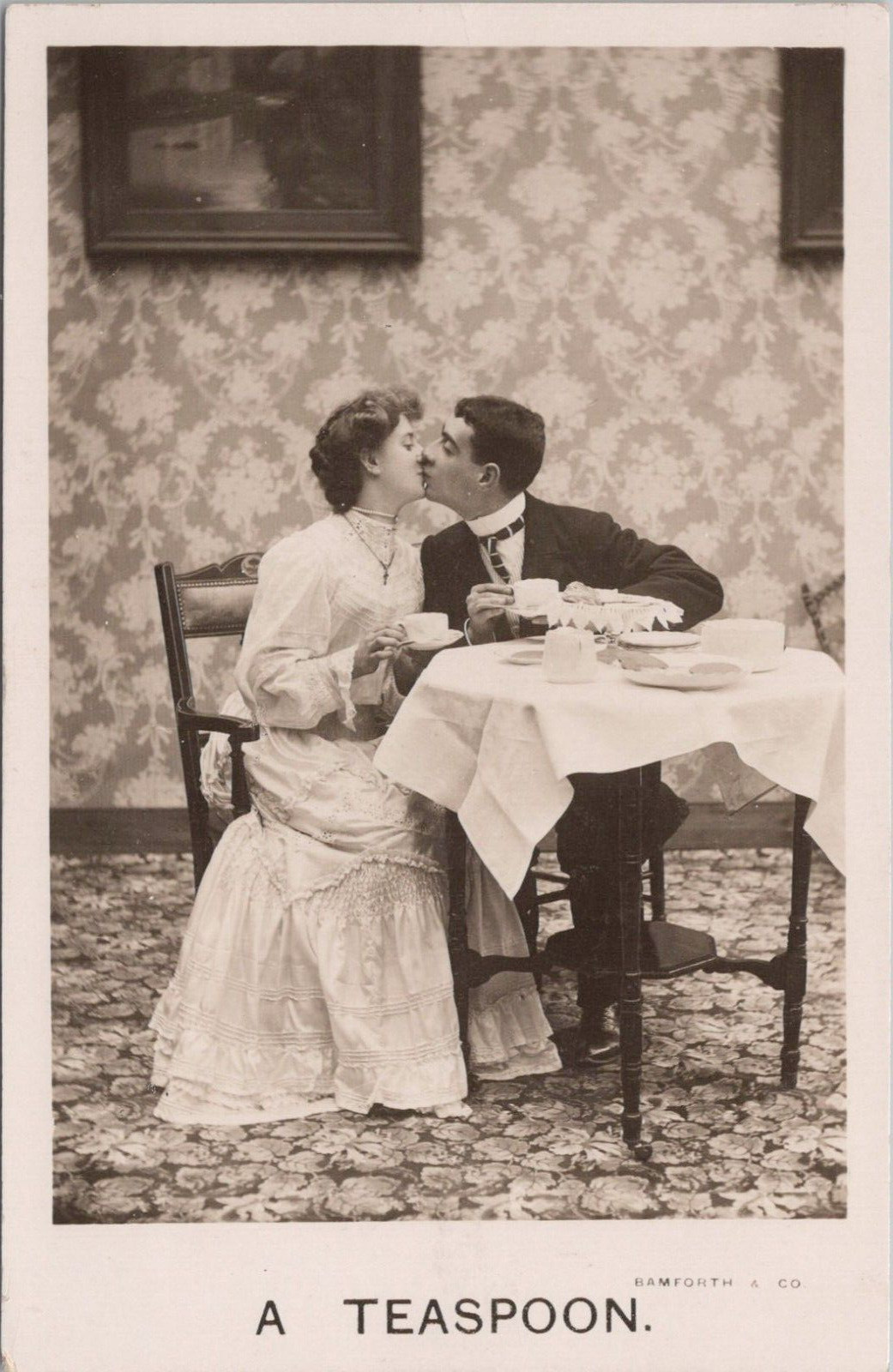 RPPC * Lovers Kissing at Dinner Table 