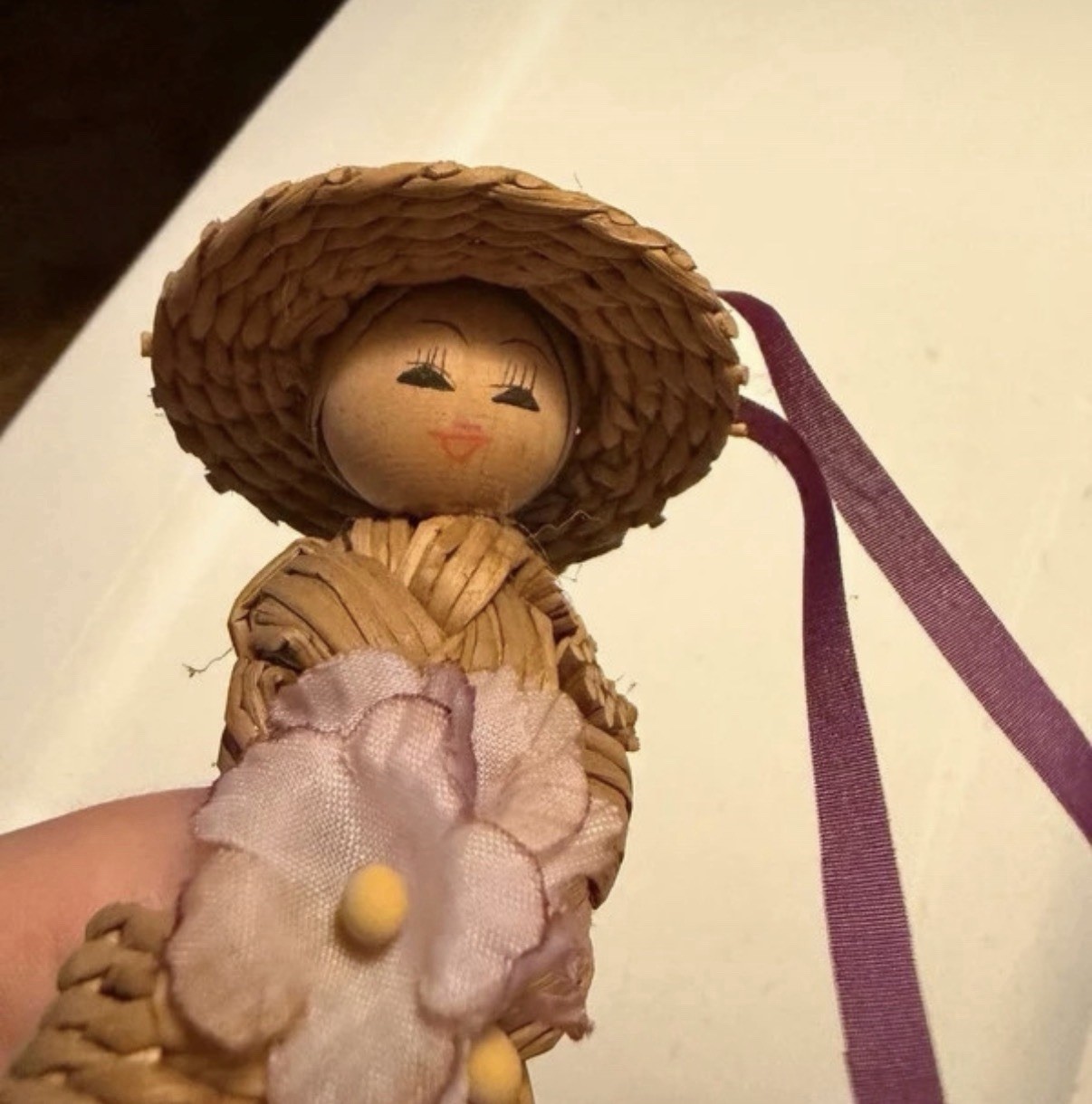 🌸 Vintage Handmade Straw/Wooden Lady Figurine – Spring/Easter Décor