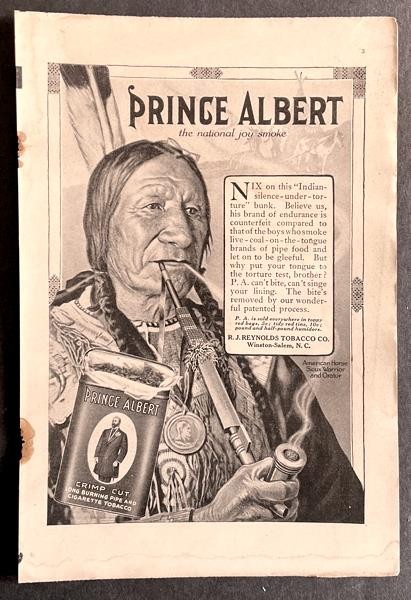 1913 Prince Albert Pipe Tobacco vintage print AD Indian smoking a Peace Pipe