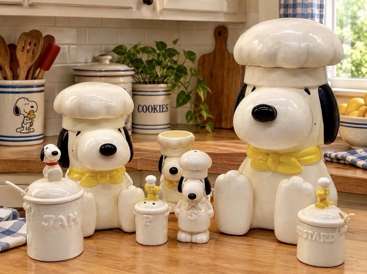 Vtg 1966 Peanuts Snoopy Cookie/Flour Canisters & Kitchen Set 7pc.~RARE