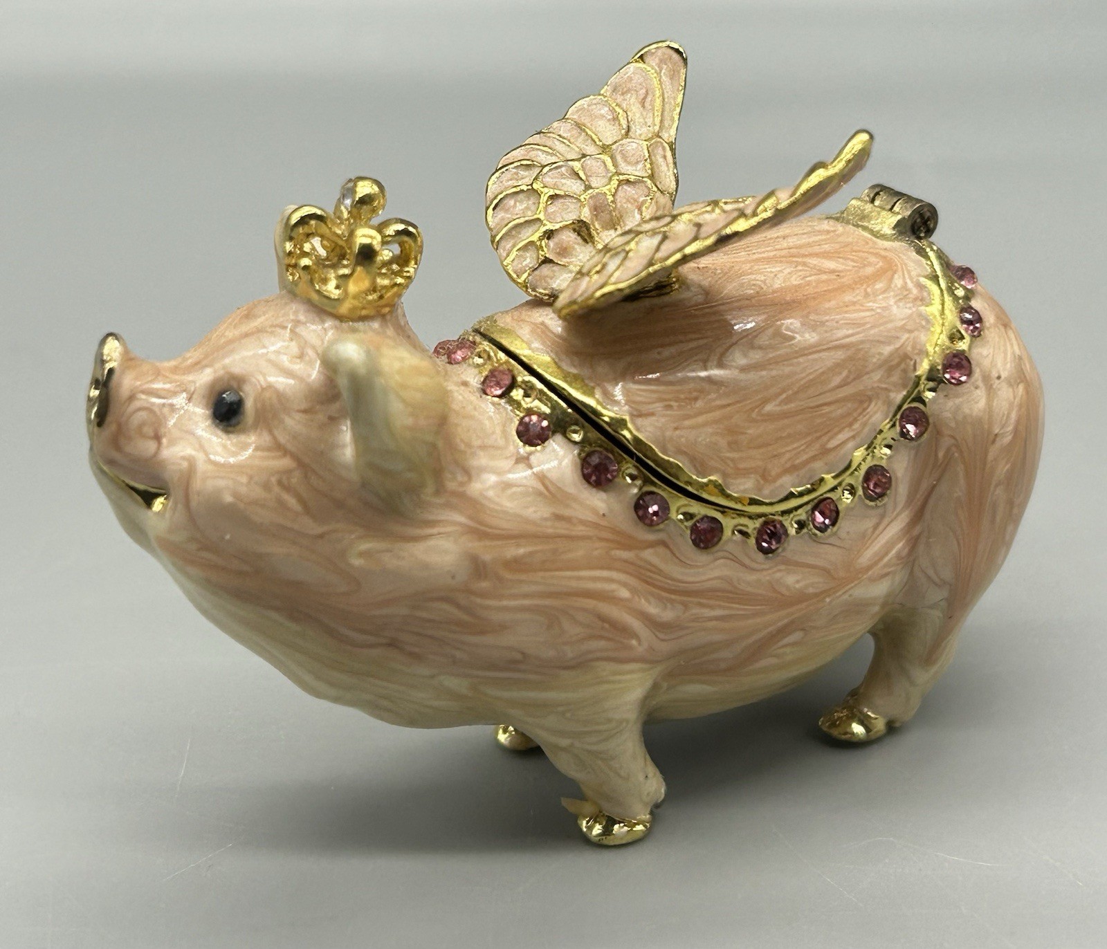 Flying Pig Miniature Figurine Trinket Box Enamel Crystal Hinged Magnetic.