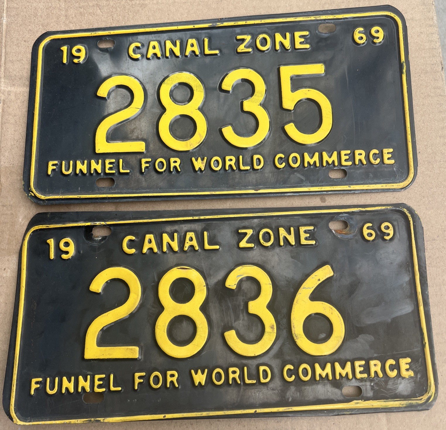2 Vintage 1969 Sequential Panama  License Plate Funnel For world Commerce