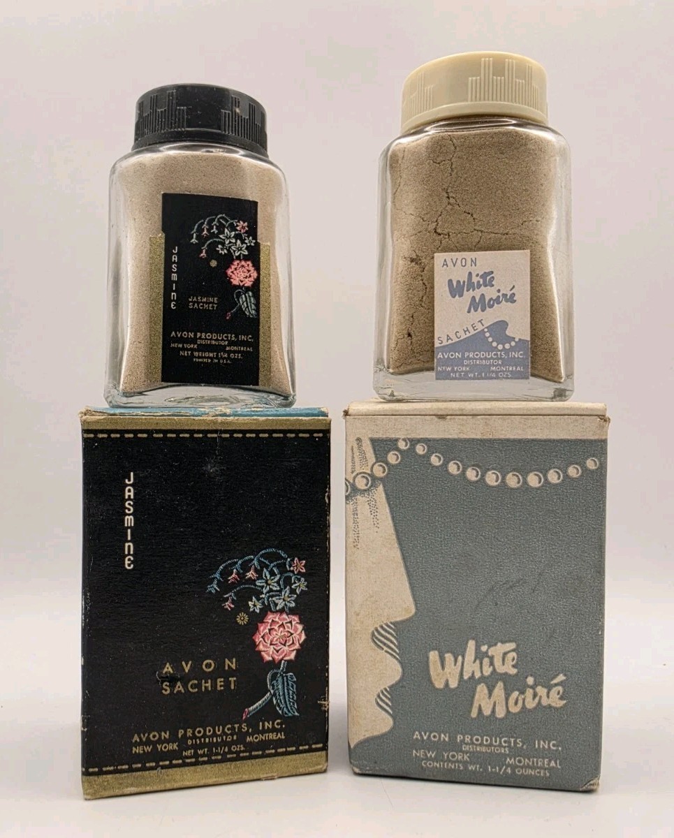 Vintage 1940\'s Avon Jasmine Sachet & White Moire Powder Bottles Decor Display US