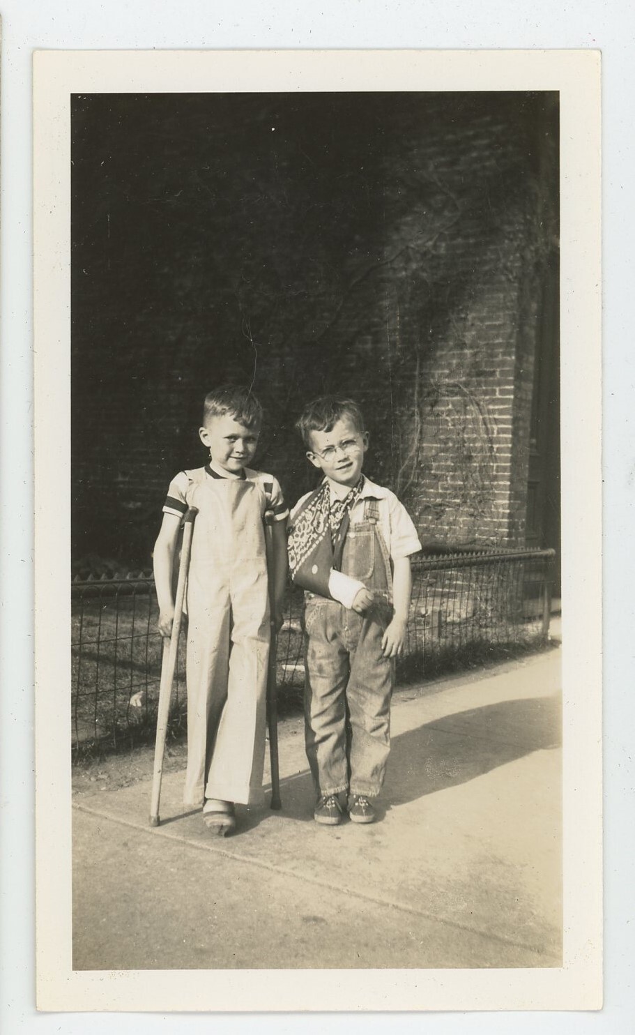 Vintage Studio Photo Two Cute Little Boys Brothers Cast and Crutches Odd 1940s
