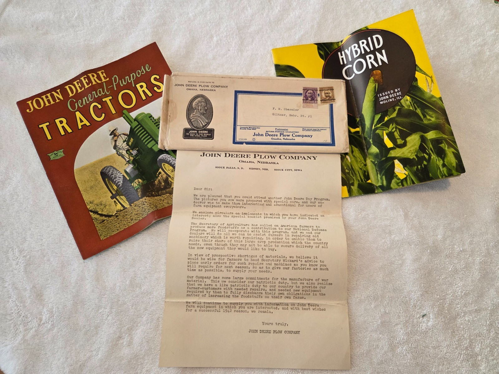 VTG 1930's DEERE & COMPANY Letterhead Letter w/ Envelope Plus 2 Fliers Included