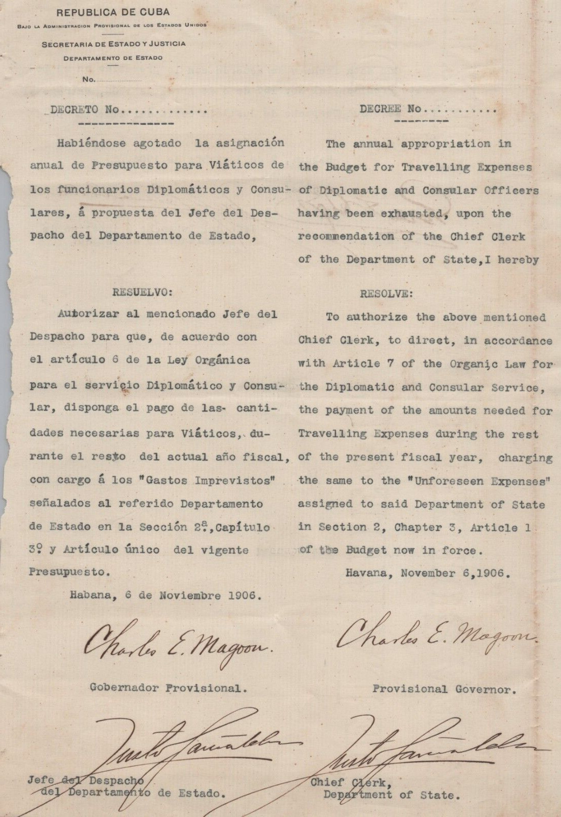 1906 PROVISIONAL GOVERNOR CHARLES E MAGOON HISTORICAL DOCUMENT SIGNED AUTOGRAPH