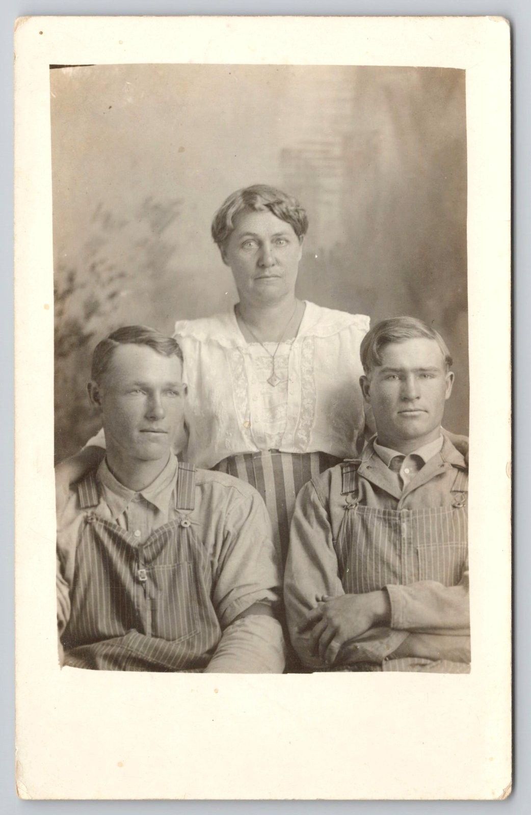 RPPC Postcard Mother Two Sons Striped Overalls Jumper Workwear Real Photo c1910