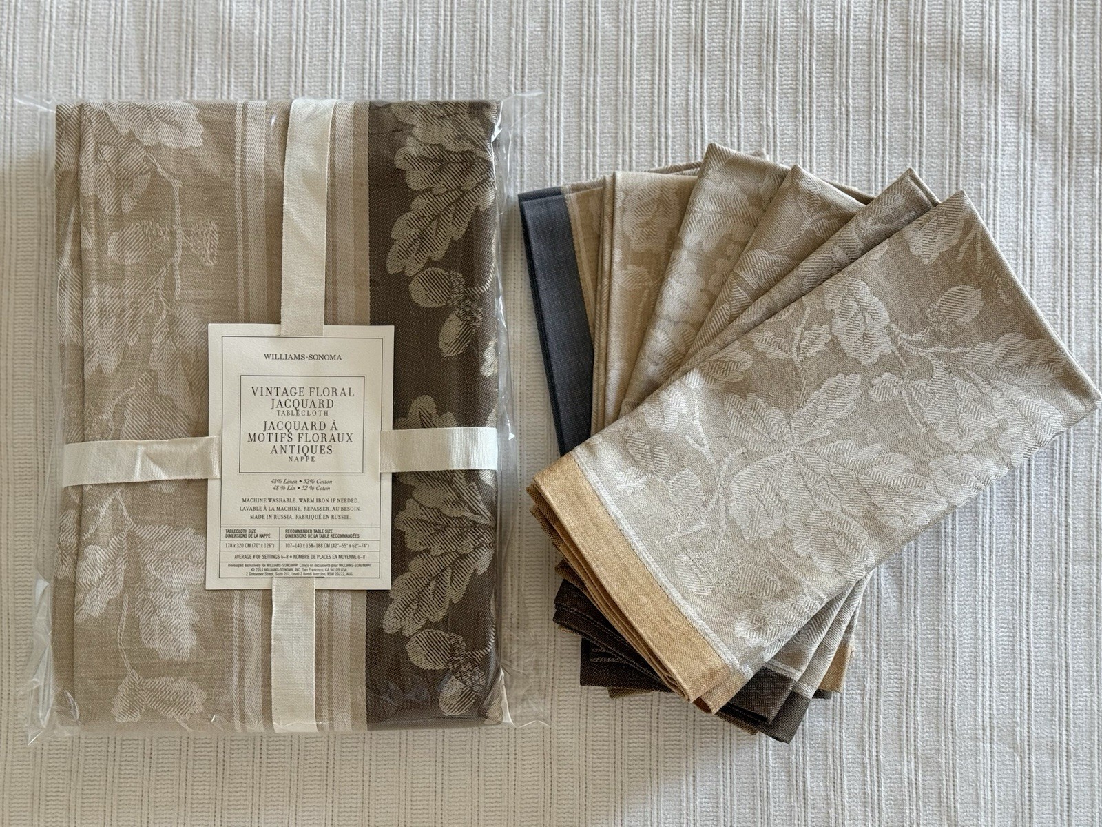 Williams Sonoma Jacquard Old Acorn Tablecloth 108” + 6 Napkins NEW/Restoration