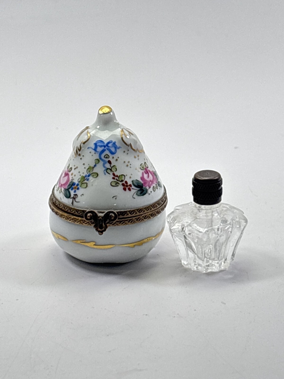 Limoges France Trinket Box Pear Shape Floral Hand Painted Peint Main JD Dumont