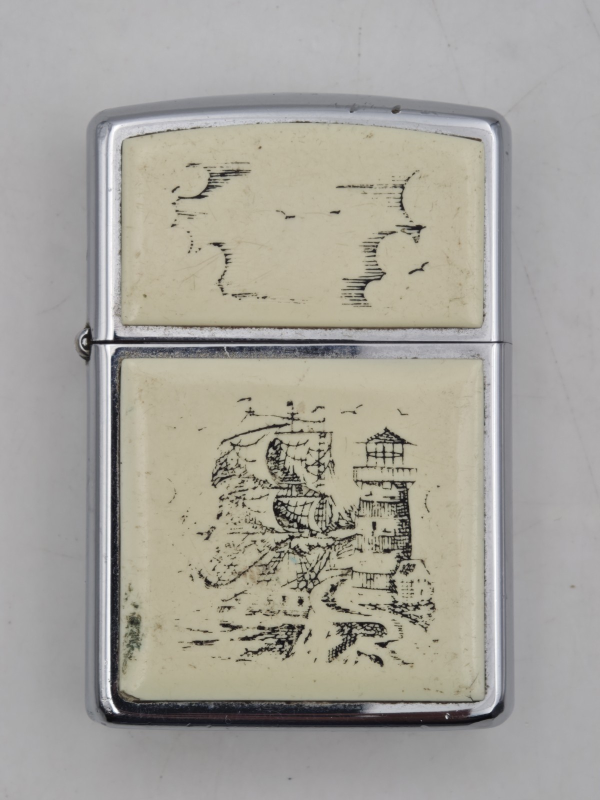 Zippo Scrimshaw C VII (March 1991) - Vintage Sailboat and Headlight Lighter - Used