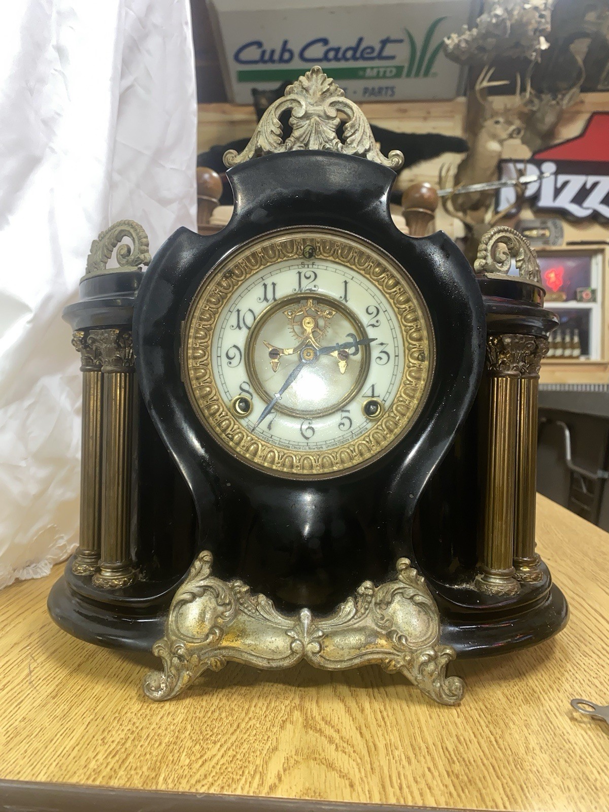 Antique Ansonia Pompeii Cast Iron Mantel Clock Open Escapement Works w key