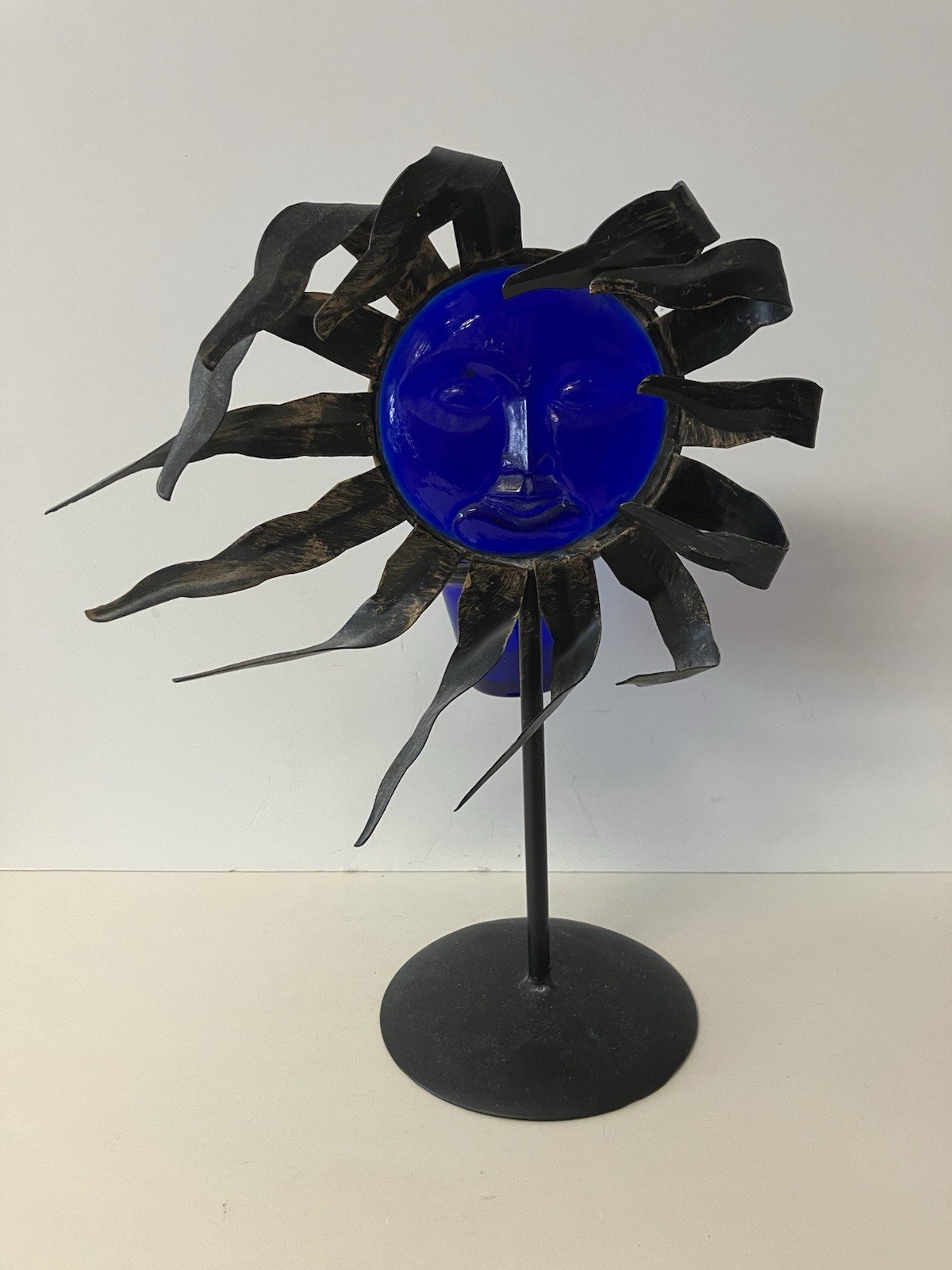 Natural Wonders Vtg 90s Celestial Sun Colbalt Blue Glass Metal Candle Holder