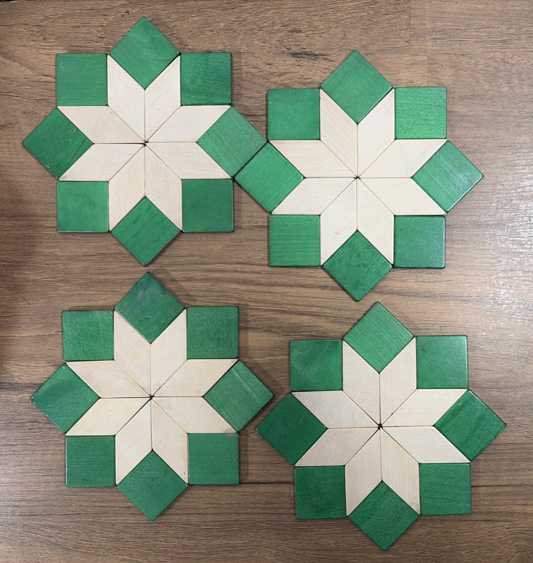 Vintage West German Wood Star Coaster Trivet Set Geometric Mosaic Hot Pads 4 Pcs