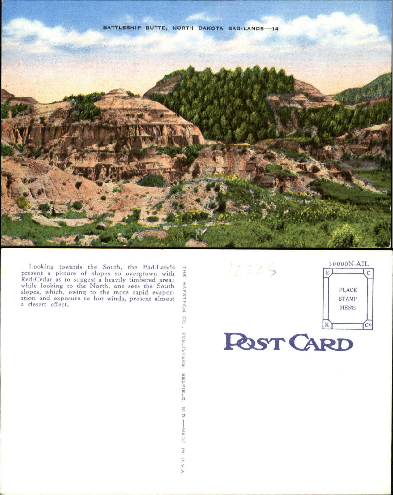 Battleship Butte ~ North Dakota Badlands ~ 1940s linen postcard