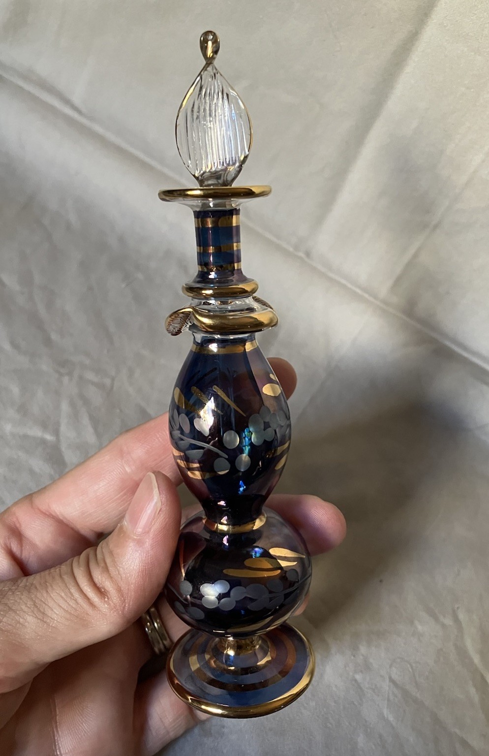 Vintage Purple Blown Glass Perfume Bottle Etched Gold Trim 5.5”